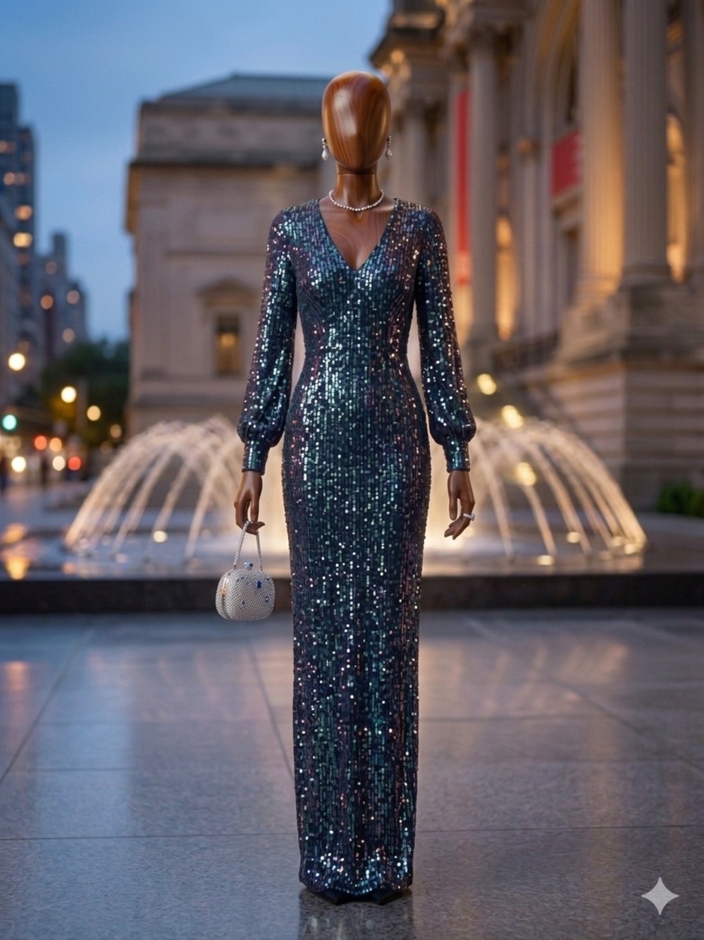 Shimmering Navy Blue Sequin Long Sleeve Mermaid Evening Gown Dress - Sz S
